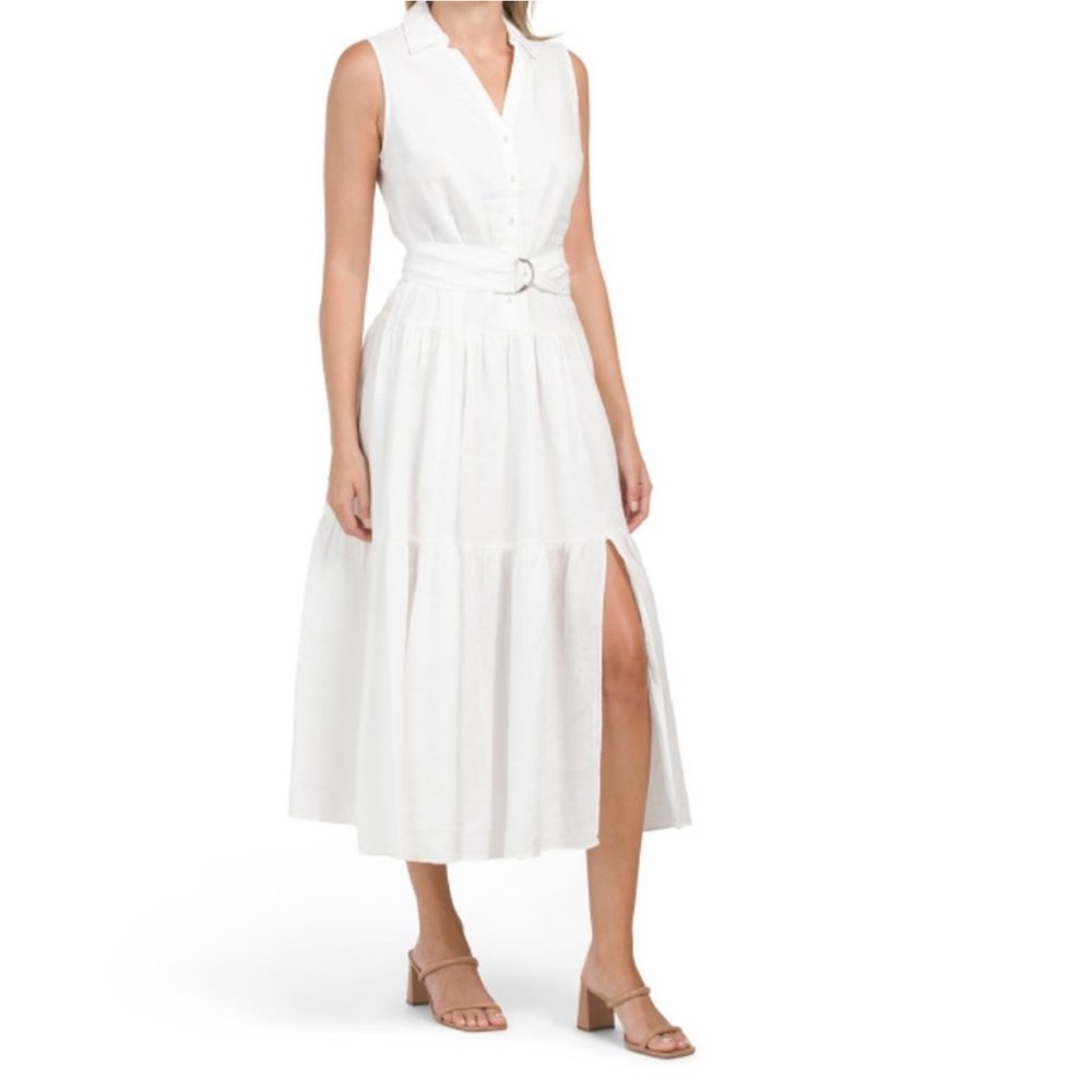 ELIE TAHARI White Linen Tiered Maxi Dress With Belt